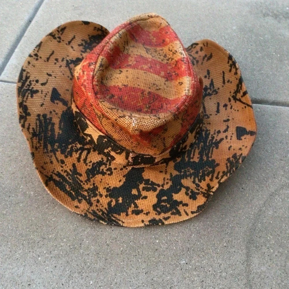 Vintage Tea Stain USA 4th Of July American Flag Shape It Brim Cowboy Western Hat